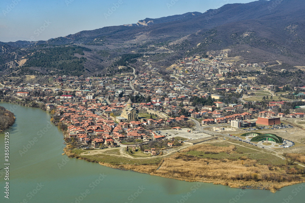 Fototapeta premium Panoramic beautiful aerial view of Mtskheta with the rivers Kura and Aragvi/ 11 march 2015 