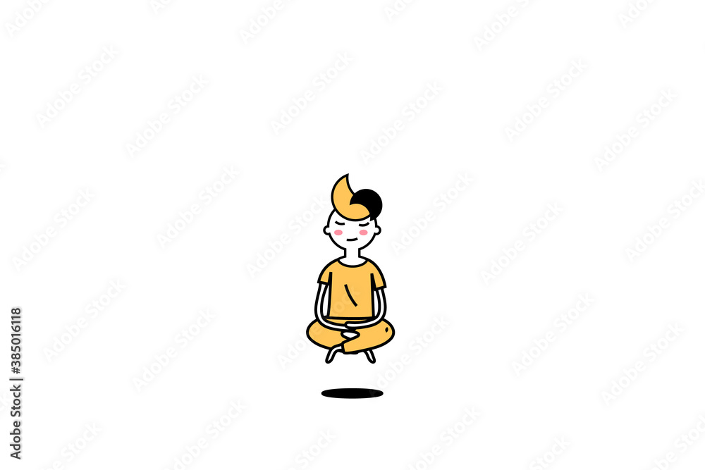 Young character floating while meditating. Young character floating while meditating.