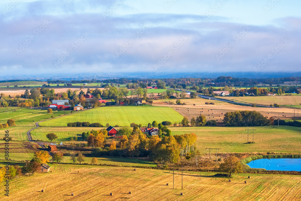 Aerial view at a the countryside with autumn colours