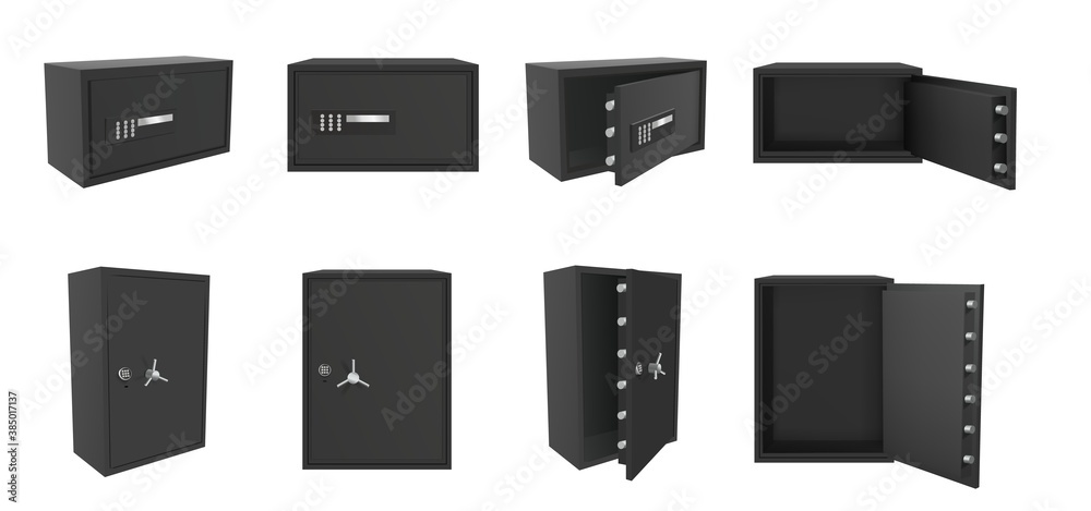 Vector set of black safe box isolated on white background. Realistic 3d objects for banking and money saving deposit. Open and closed empty metal safe box with lock and vault - obrazy, fototapety, plakaty 