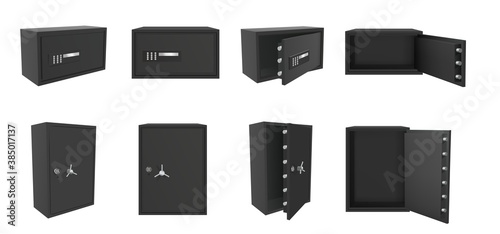 Vector set of black safe box isolated on white background. Realistic 3d objects for banking and money saving deposit. Open and closed empty metal safe box with lock and vault
