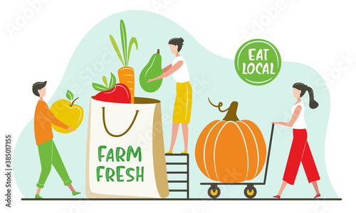 Vegetable and fruits farm market shop. Giant fruits/vegetables. Small tiny people collect order. Natural organic fresh food. Farm fresh, Eat local concept for Grocery Market, Online Store, Delivery