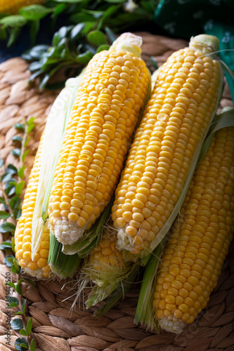 Composition with fresh corn cobs on table. Cobs of ripe raw corn. Fresh uncooked corncob.