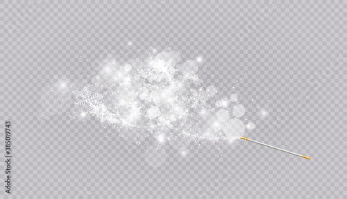 Magic wand with heart shaped snowflakes in a flat style in continuous drawing lines. Trace of white dust. Magic abstract background isolated on on transparent background. Miracle and magic. Vector
