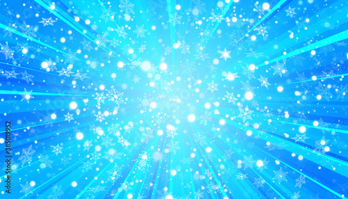 White snow flies and sun on a blue background. Christmas snowflakes. Winter blizzard background illustration.