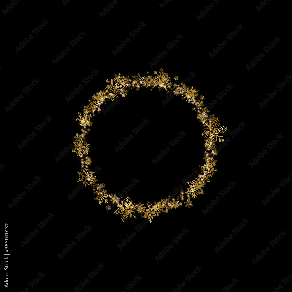 Round golden winter snow frame border with stars, sparkles and snowflakes on black background. Festive christmas banner, new year greeting card, postcard or invitation vector illustration