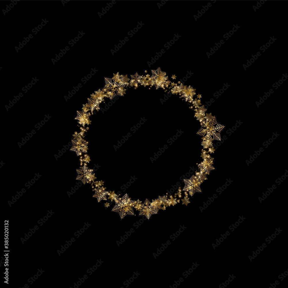 Round golden winter snow frame border with stars, sparkles and snowflakes on black background. Festive christmas banner, new year greeting card, postcard or invitation vector illustration Round golden winter snow frame border with stars, sparkles and snowflakes on black background. Festive christmas banner, new year greeting card, postcard or invitation vector illustration