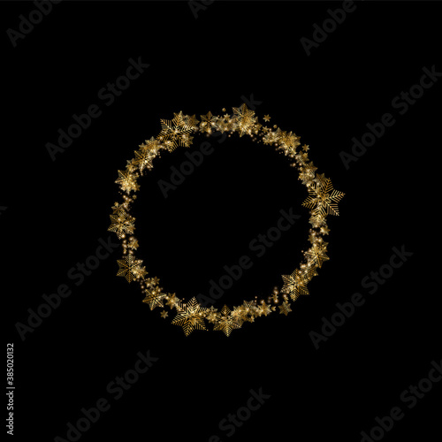 Round golden winter snow frame border with stars, sparkles and snowflakes on black background. Festive christmas banner, new year greeting card, postcard or invitation vector illustration
