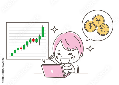 投資のローソク足の陽線に喜ぶ女性のイラスト