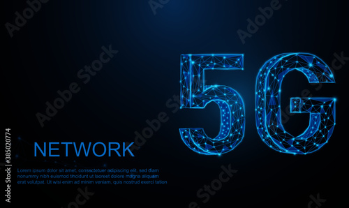 Abstract blue glowing 5G High-Speed network wireless internet connection. communication network concept backdrop. Low polygon, particle, and triangle style design.Wireframe light connection structure.