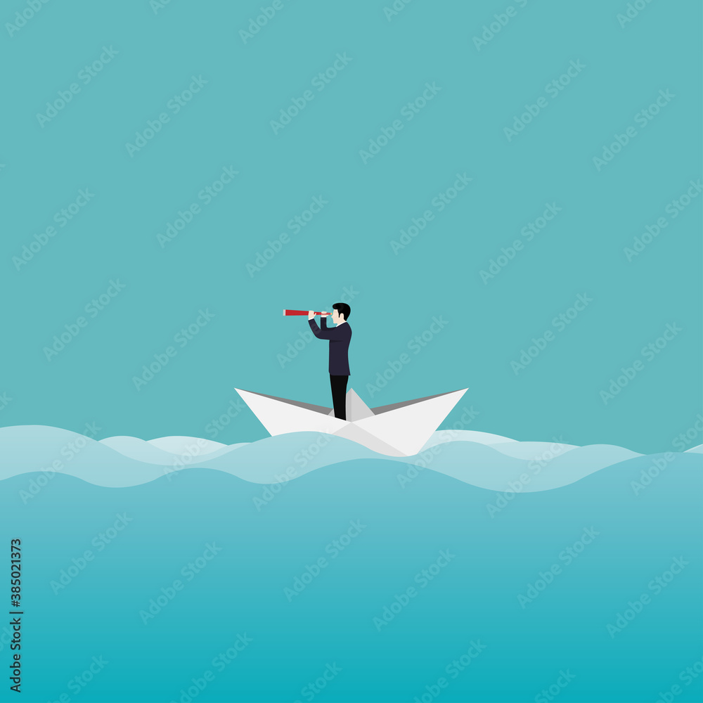 Business vision concept. Businessman character sailing on a paper boat