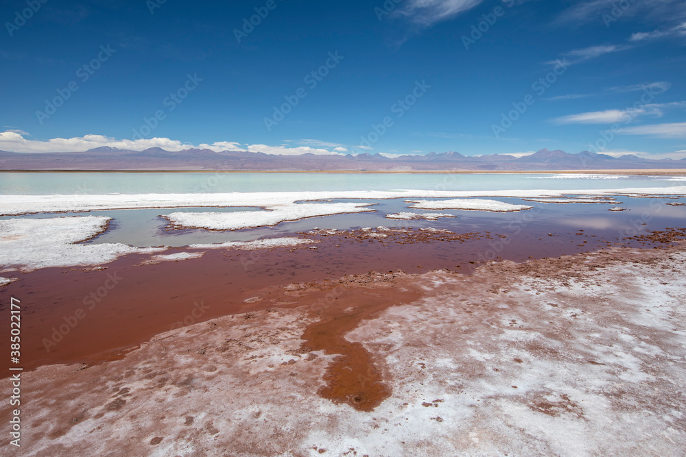 Laguna Tebenquicne, a salt water lagoon in the Salar de Atacama, Los Flamencos National Reserve, Chile Laguna Tebenquicne, a salt water lagoon in the Salar de Atacama, Los Flamencos National Reserve, Chile
