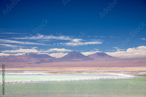 Laguna Tebenquicne, a salt water lagoon in the Salar de Atacama, Los Flamencos National Reserve, Chile photo