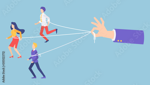 People marionettes connecting with ropes. Businessman s hand holding ropes, control every step of workers. No freedom, total control of motions. Manipulating people with rope, businessman puppet