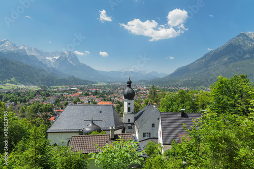 View from Pilgrimage Church St. Anton to Kramer Mountain, Bavarian Alps, Garmisch-Partenkirchen, Werdenfelser Land, Upper Bavaria