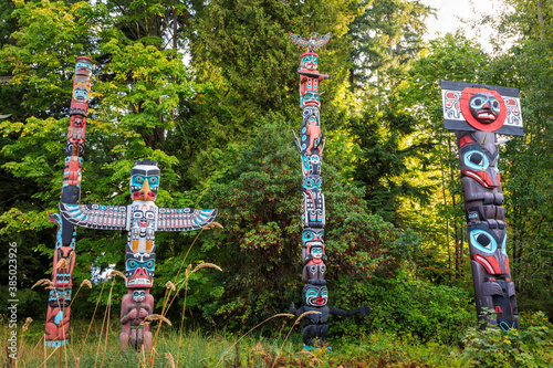 First Nation Totem Poles, Brockton Point, Stanley Park, autumn, Vancouver City, British Columbia, Canada photo