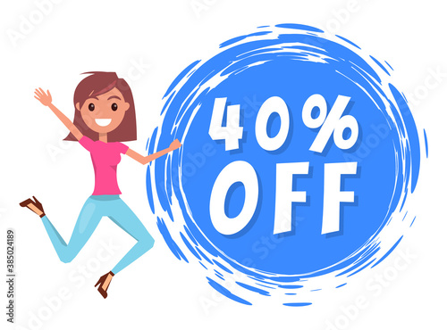 Young smiling stylish girl jumping, waving hand, rejoice a promo action. 40 off sale. Promotional poster or banner for shops. Sale products, discount offer. Proposal to save money. Economy concept