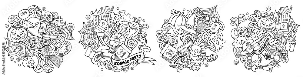 Halloween cartoon vector doodle designs set.