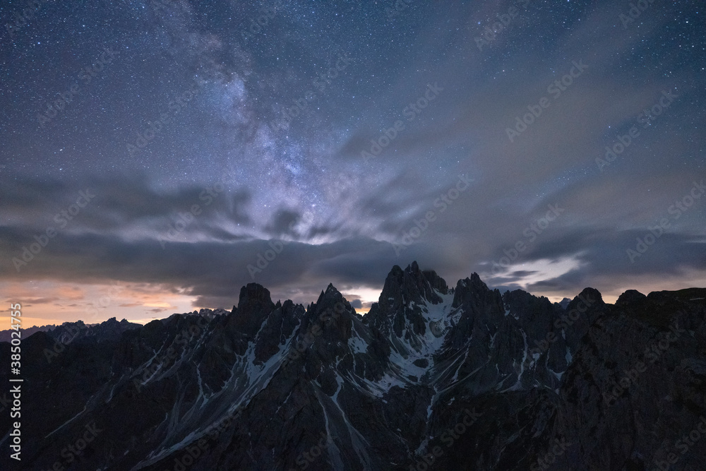 Milky Way and stars over the sharp pinnacles of Cadini di Misurina, Dolomites, Belluno province, Veneto, Italy Milky Way and stars over the sharp pinnacles of Cadini di Misurina, Dolomites, Belluno province, Veneto, Italy