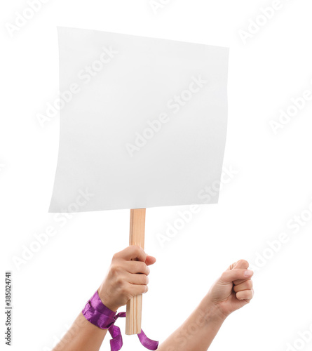 Hands of protesting people with placard on white background