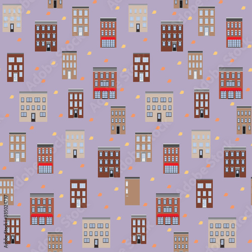 Old houses autumn Seamless Pattern. Vector flat lay repeat background