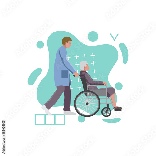 Social, medical worker with old woman in a wheelchair