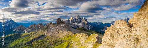 Clouds over Becco di Mezzodi, Monte Pelmo and Antelao, aerial view, Dolomites, Belluno province, Veneto, Italy photo