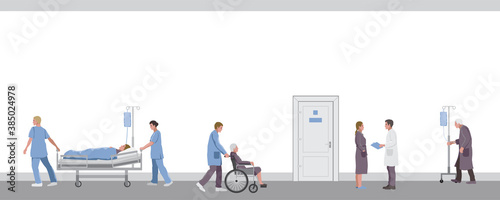 Medical workers, doctors and patients in the hospital corridor