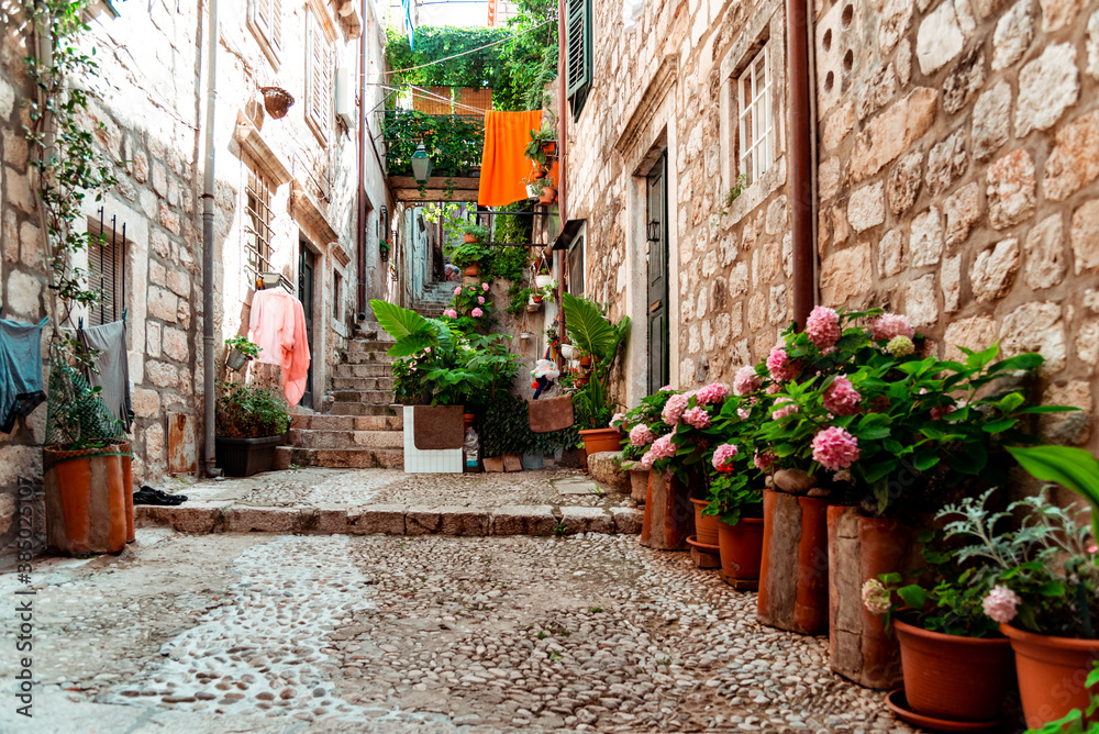 Small alleys full of flowers in Dubrovnik, Croatia