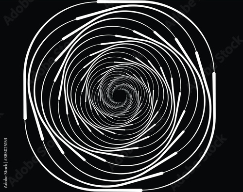 Dotted, dots, speckles abstract concentric circle. Spiral, swirl, twirl element.Circular and radial lines volute, helix.Segmented circle with rotation.Radiating arc lines.Cochlear