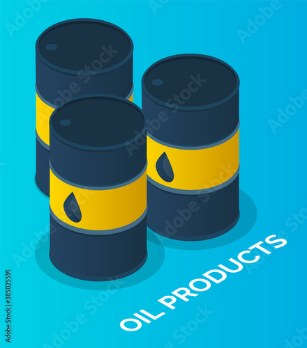 Oil petroleum industry, barrels with oil products, isolated at blue symbols. Storage, tank, cistern, vat, tub with oil. Resorvoir, with crude oil. Making industrial petroleum for different purposes