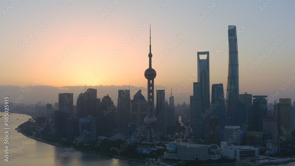 Fototapeta premium aerial view of Shanghai sunrise over the city skyline