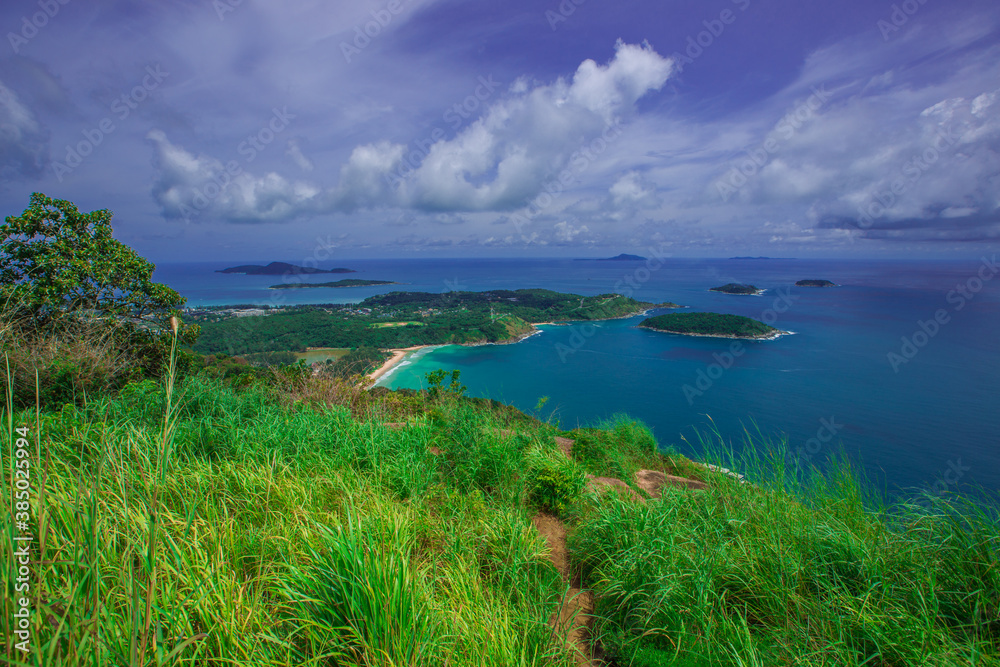 Natural high angle panoramic background With an atmosphere surrounded by mountains and trees, with a blurred wind, cool