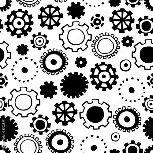 Seamless pattern with black gears. Monochrome print.