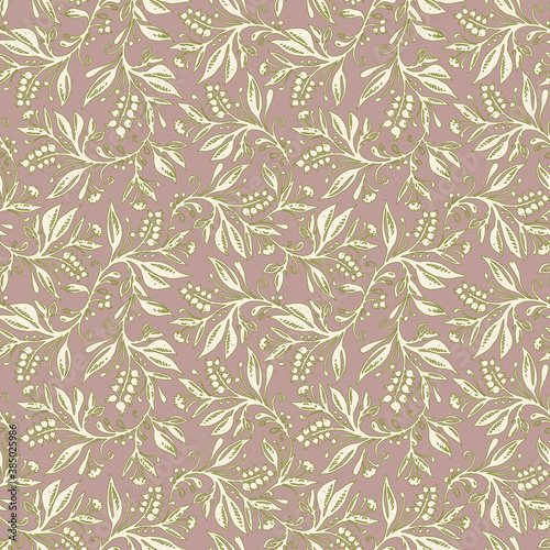 Floral seamless pattern with leaves and berries in cream, taupe, green colors, hand-drawn and digitized. Design for wallpaper, textile, fabric, wrapping, background.