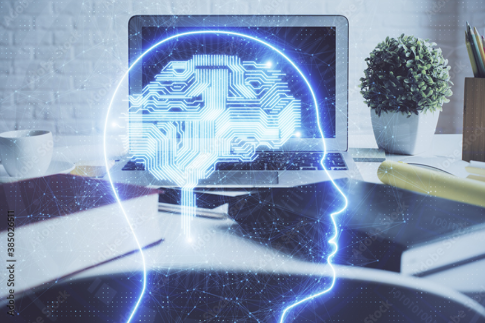 Double exposure of work space with computer and human brain drawing hologram. Brainstorm concept. Double exposure of work space with computer and human brain drawing hologram. Brainstorm concept.
