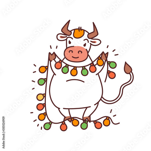 White metal bull with garland lantern - chinese new year symbol or logo for kids stickers