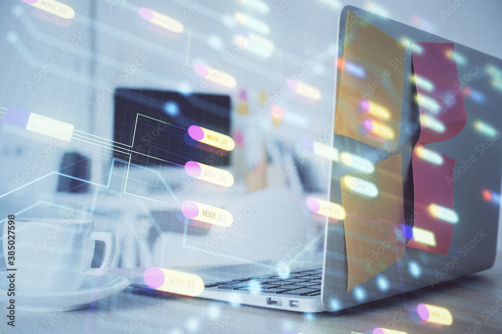 Multi exposure of desktop computer and technology theme hologram. Concept of software development.