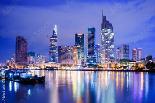 The night scenery of Ho Chi Minh City  Vietnam from across the bank of Sai Gon River.