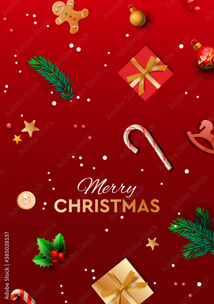 Merry Christmas background design with fir branches, pine cones, red berries, gift boxes, vector illustration.