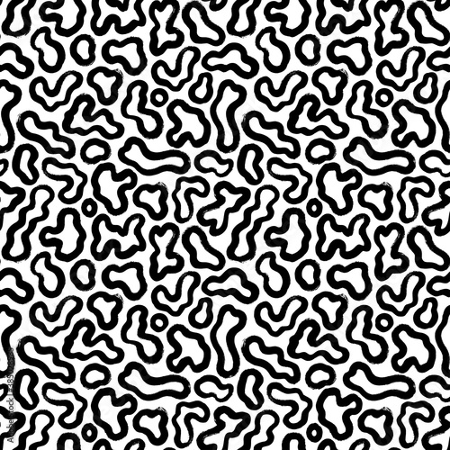 Fluid amorphous forms vector seamless pattern. Hand drawn black brush strokes. Organic irregular circular lines with circles. Hand drawn black and white organic shapes texture. Grunge squiggle lines 