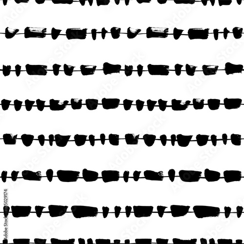 Horizontal lines with abstract splotch vector seamless pattern. Black and white simple dotted lines background. Stripes with blots in the form of a garland. Creative wallpaper, textile print design