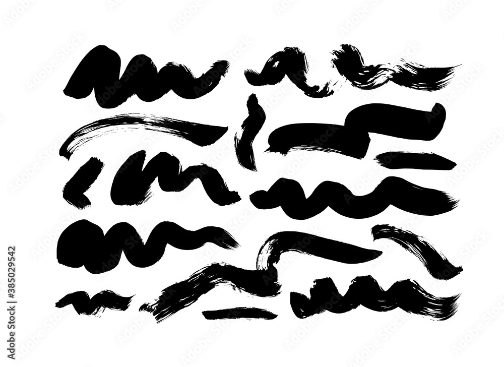 Black paint wavy brush strokes vector collection. Dirty curved lines and wavy brushstrokes. Ink illustration isolated on white background. Modern grunge brush lines. Calligraphy smears, stamps.