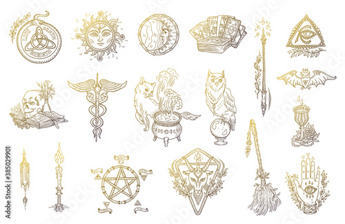 Halloween symbols set. Magic occult and alchemical. Witchcraft graphic kit. Hand drawn sketch vector illustration. photo