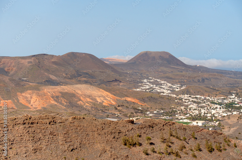 Volcanic landscape in Lanzarote, view from the Ermita de las Nieves
