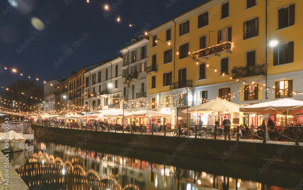 Navigli district at night decorated with Christmas lights.Milan,Lombardy,Italy