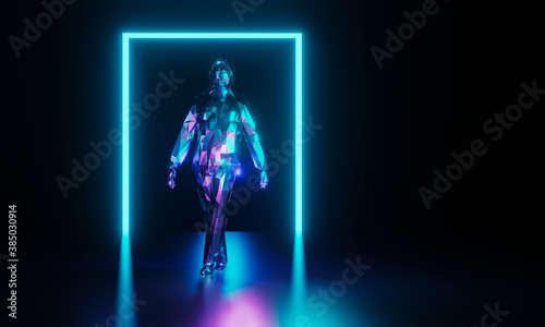 Low poly neon color robor walking, standing on reflection floor with shining rectangle. Artificial intelligence, future, technology background. 3D rendering