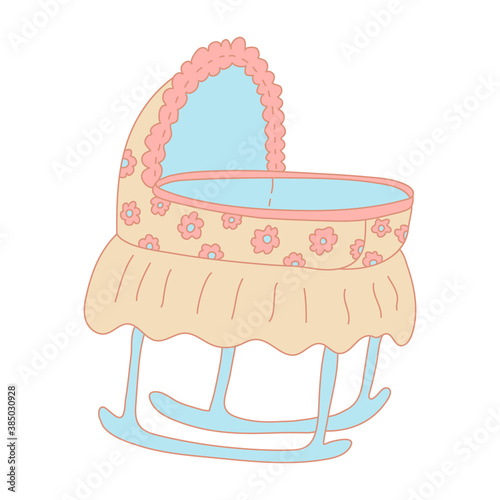 Bassinet decorated with chamomile flowers in color doodle style. Flat style with outline. Hand drawn vector illustration isolated on white background. Newborn bed. Pastel colors, pink, blue, beige.