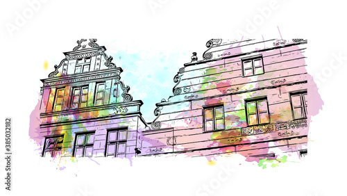 Building view with landmark of Bielefeld is a city in Germany. Watercolor splash with hand drawn sketch illustration in vector.