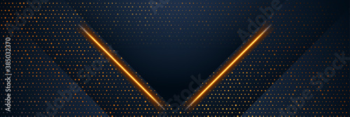 Abstract tech geometric background with glowing neon lines and golden shiny dots. Vector banner design